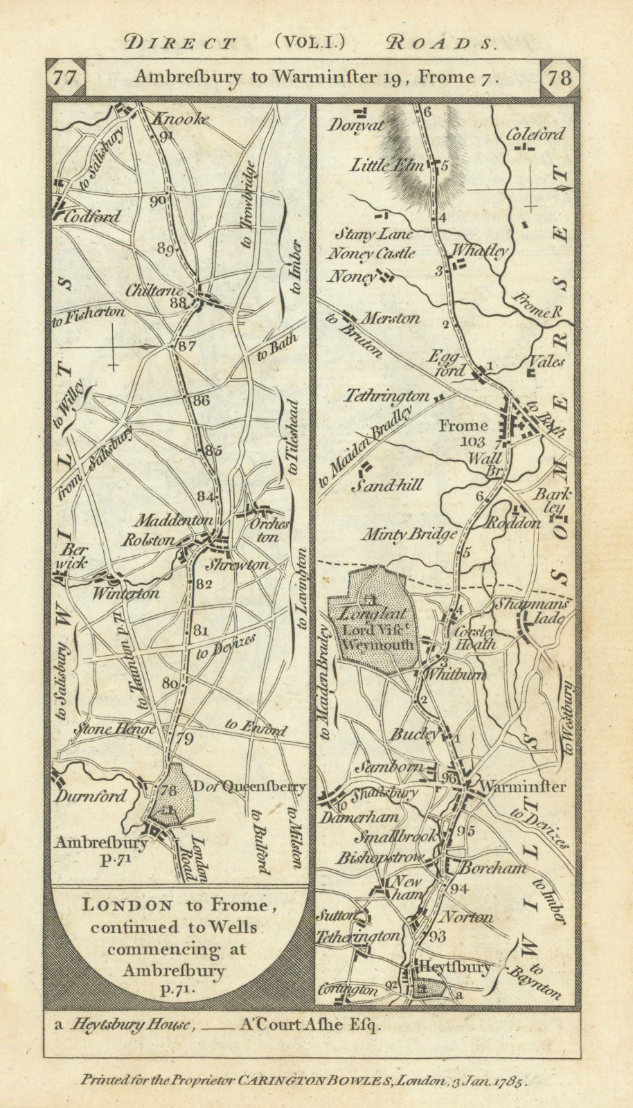 Amesbury-Stonehenge-Warminster-Frome road strip map PATERSON 1785 old